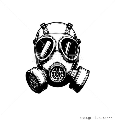 Intricate monochrome line art illustration of a full-face gas mask design 128038777