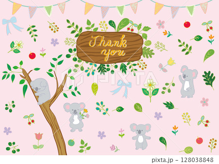 コアラと花と葉っぱと果物のフラット素材セット（手書き文字入り）1 128038848