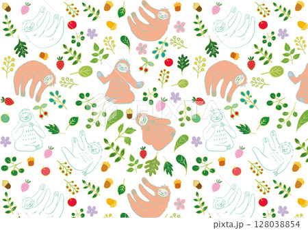 なまけものと葉っぱと果物のほのぼの素材パターン4 128038854