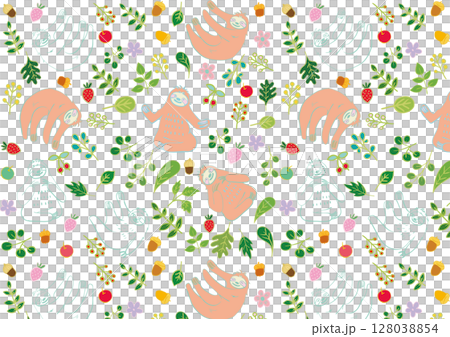 なまけものと葉っぱと果物のほのぼの素材パターン4 128038854