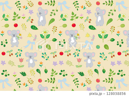 コアラと花と葉っぱと果物のフラットパターン1 128038856