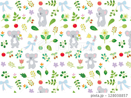 コアラと花と葉っぱと果物のフラットパターン2 128038857