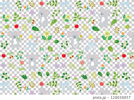 コアラと花と葉っぱと果物のフラットパターン2 128038857