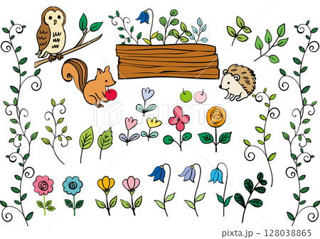 北欧風森の動物と花と植物セット素材（文字なし） 128038865