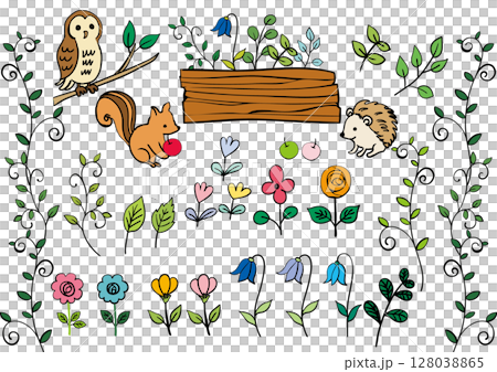 北欧風森の動物と花と植物セット素材（文字なし） 128038865