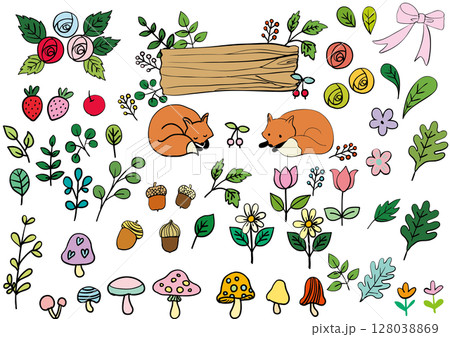 北欧風森の動物きつねと花の看板素材セット(文字なし) 北欧風森の動物きつねと花の看板素材セット(文字なし) 128038869