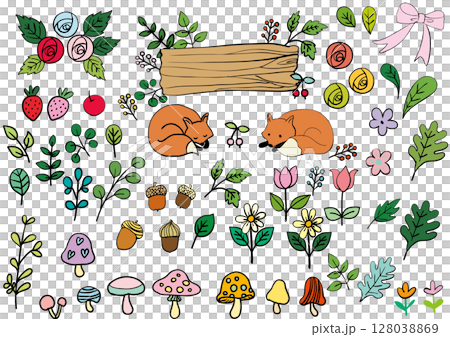 北欧風森の動物きつねと花の看板素材セット(文字なし) 北欧風森の動物きつねと花の看板素材セット(文字なし) 128038869