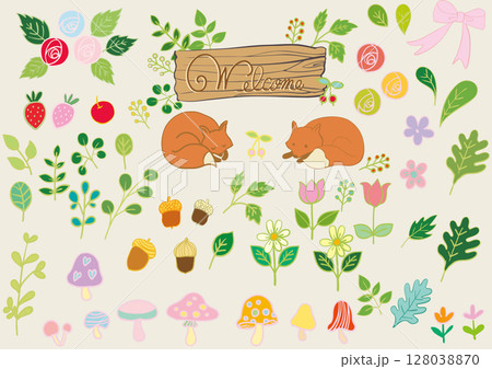 北欧風森の動物きつねと花の看板素材セットカラフル（手書き文字入り） 128038870