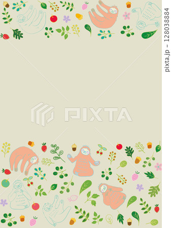なまけものと葉っぱと果物のほのぼのフレーム 縦3 128038884