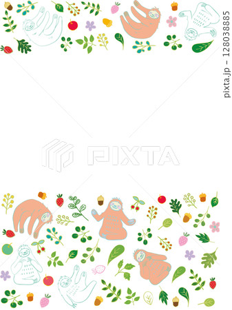 なまけものと葉っぱと果物のほのぼのフレーム 縦4 128038885