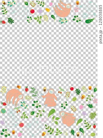 なまけものと葉っぱと果物のほのぼのフレーム 縦4 128038885
