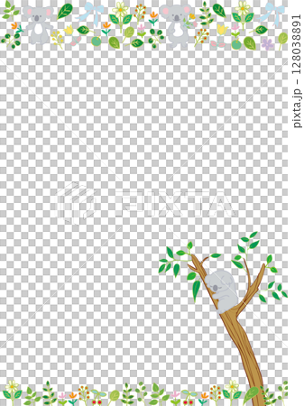 コアラと花と葉っぱと果物のフラットフレーム 縦6 コアラと花と葉っぱと果物のフラットフレーム 縦6 128038891