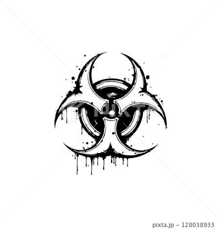 Distorted Biohazard Symbol with Splattered Black Paint, Warning Sign Concept Distorted Biohazard Symbol with Splattered Black Paint, Warning Sign Concept 128038933