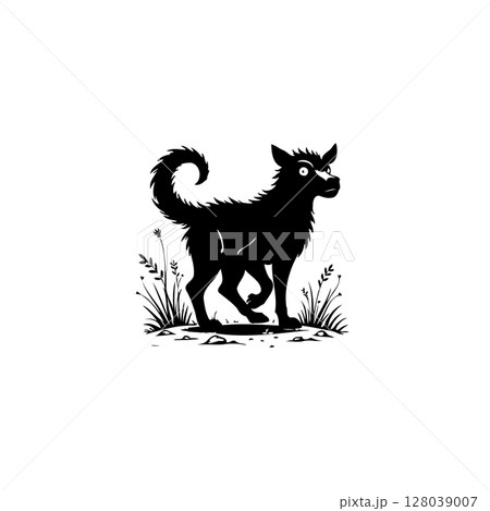 Mysterious black dog silhouette illustration with whimsical expression on white background 128039007