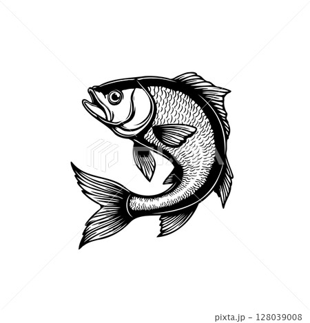 Elegant monochrome illustration of a fish with detailed scales and flowing fins 128039008