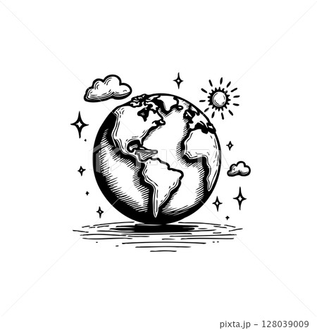 Hand-drawn Earth Illustration with Clouds and Sun, symbolizing global harmony and sustainability 128039009