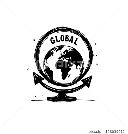 Illustration of a globe with arrows, symbolizing global connections and communication 128039012