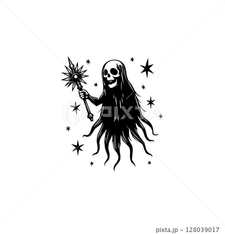 Monochrome illustration featuring a skeletal figure holding a star wand surrounded by stars Monochrome illustration featuring a skeletal figure holding a star wand surrounded by stars 128039017