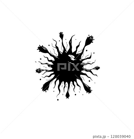 Abstract black ink blot resembling a virus or organic form on white background Abstract black ink blot resembling a virus or organic form on white background 128039040