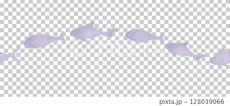 Seamless border with school of fish. Watercolor illustration. Hand drawn isolated art. Ocean and sea underwater world drawing. Simple purple sea animals silhouettes for banner, background, packaging. Seamless border with school of fish. Watercolor illustration. Hand drawn isolated art. Ocean and sea underwater world drawing. Simple purple sea animals silhouettes for banner, background, packaging. 128039066