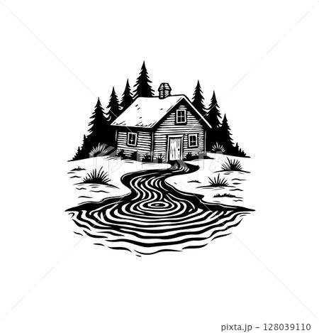 Charming cabin nestled amidst serene forest, reflected in rippling waters scene Charming cabin nestled amidst serene forest, reflected in rippling waters scene 128039110