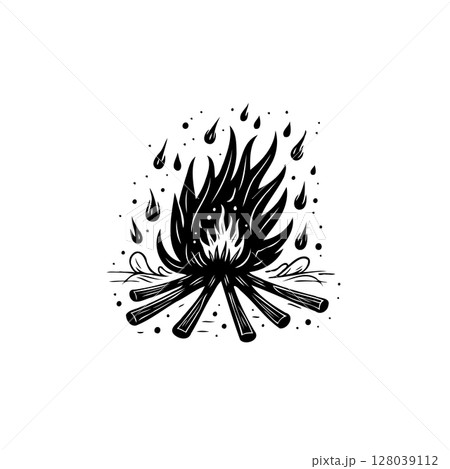 Cozy campfire illustration with falling raindrops or sparks in black and white 128039112