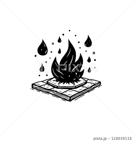 Stylized illustration of fire burning on a tiled surface with water droplets around 128039118