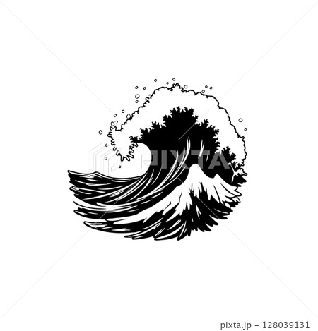 Monochrome Wave Illustration: Powerful Ocean Swell in Detailed Line Art Style 128039131