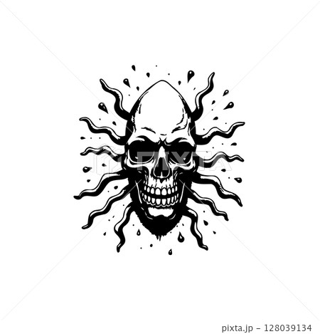 Monochrome Skull with Tentacles Vector Illustration for Halloween and Fantasy Designs 128039134