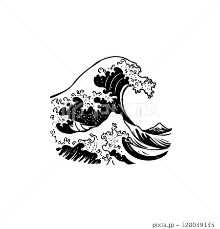 Monochromatic stylized japanese wave illustration evoking traditional art and nature 128039135