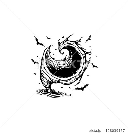 Abstract Tornado Illustration with Birds in Black and White Style, a Minimalist Graphic 128039137