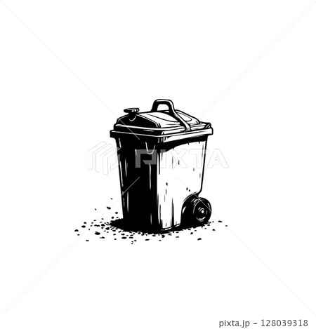 Monochrome depiction of a wheelie bin emphasizing waste management concepts 128039318