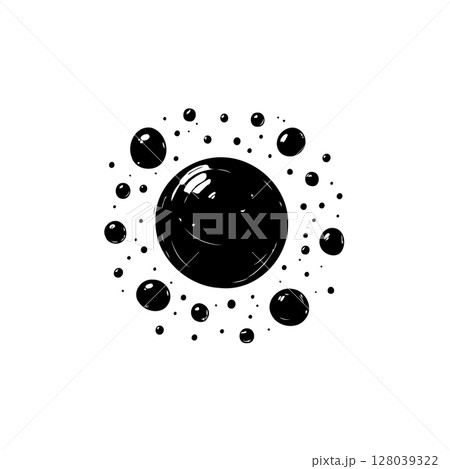 Abstract black sphere surrounded by droplets, creating a modern and minimalist design Abstract black sphere surrounded by droplets, creating a modern and minimalist design 128039322