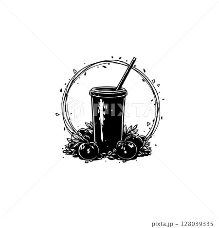 Elegant black and white illustration of a smoothie drink with fresh fruits around 128039335