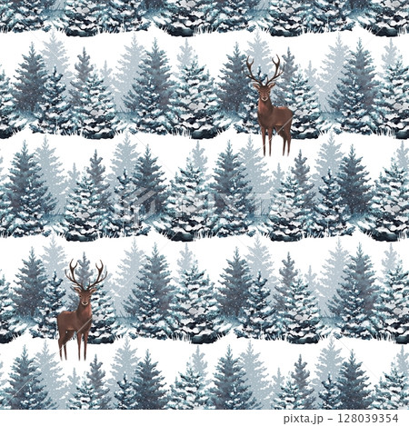 Winter forst seamless pattern with deers, hand drawn nature background. 128039354