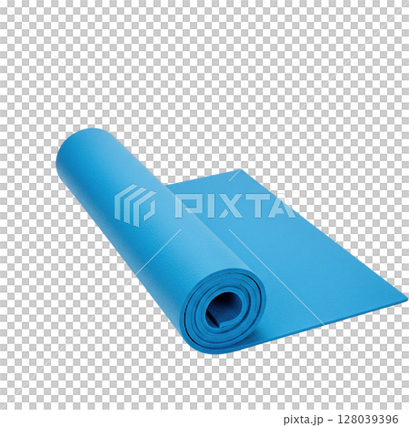 Vibrant blue rolled yoga mat with a textured surface, ready for effective exercise and fitness Vibrant blue rolled yoga mat with a textured surface, ready for effective exercise and fitness 128039396