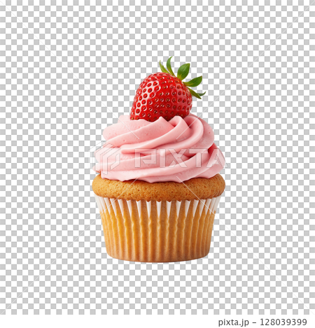Delicious vanilla cupcake topped with pink frosting and a fresh red strawberry 128039399