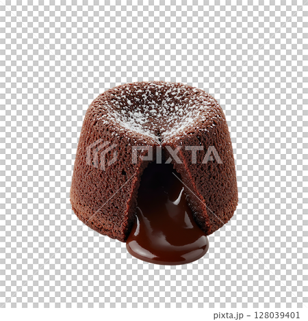 Decadent warm chocolate lava cake with molten center and powdered sugar topping 128039401