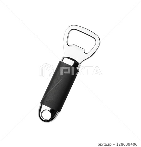 Modern silver metal bottle opener with a comfortable black rubber grip handle 128039406