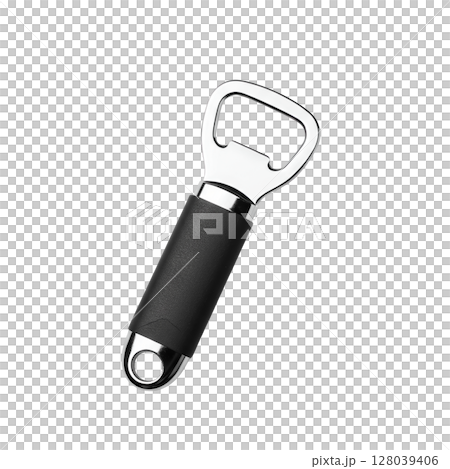 Modern silver metal bottle opener with a comfortable black rubber grip handle 128039406