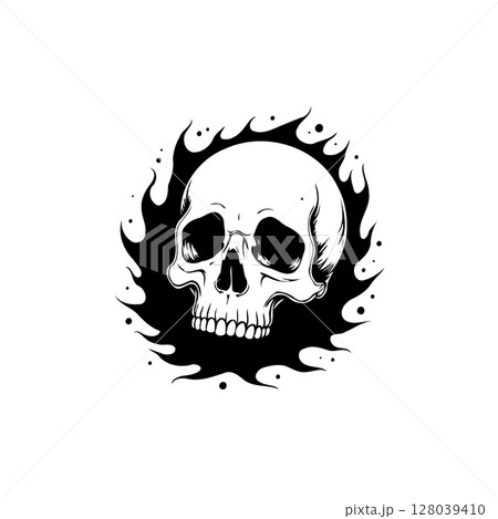 Monochromatic skull illustration surrounded by dark flames for edgy designs Monochromatic skull illustration surrounded by dark flames for edgy designs 128039410