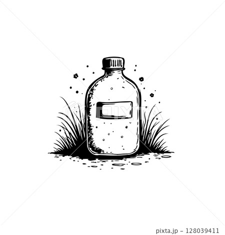 Elegant monochrome bottle sketch with natural elements and subtle details artwork Elegant monochrome bottle sketch with natural elements and subtle details artwork 128039411