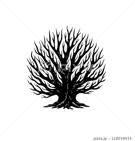 Detailed Silhouette of a Bare Tree: A Graphic Nature Illustration on White 128039414