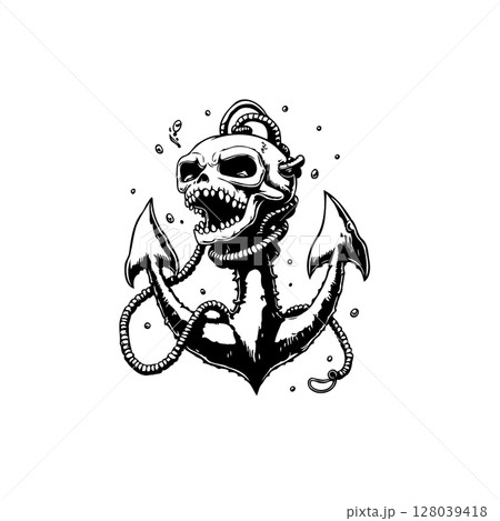 Skull and Anchor: Black and White Illustration of Nautical Tattoo Design Concept 128039418