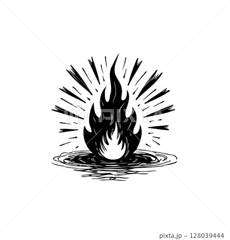 Stylized monochromatic illustration of a burning fire with radiating lines Stylized monochromatic illustration of a burning fire with radiating lines 128039444