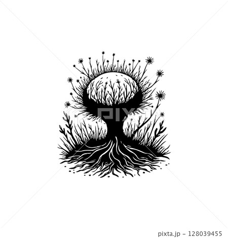 Mystical tree silhouette with roots and floral aura illustration for art or design 128039455