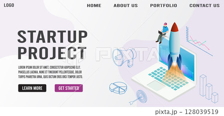 Startup background business isometric concept building new business, SEO, teamwork and management, company processes .with rocket, chart, laptop and people. Flat design vector illustration eps 10 128039519