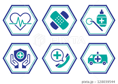 Medical and Healthcare Icon Set in Hexagon Frames vector illustration Medical and Healthcare Icon Set in Hexagon Frames vector illustration 128039544