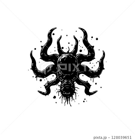 Creepy black and white octopus monster vector illustration with splatter effect 128039651