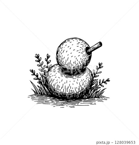 Hand-drawn illustration of a quirky snowman surrounded by foliage in monochrome 128039653